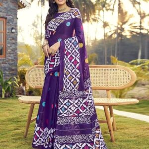 SIRIL Women's Cotton Printed Ready To Wear Saree With Unstitched Blouse Piece Purple