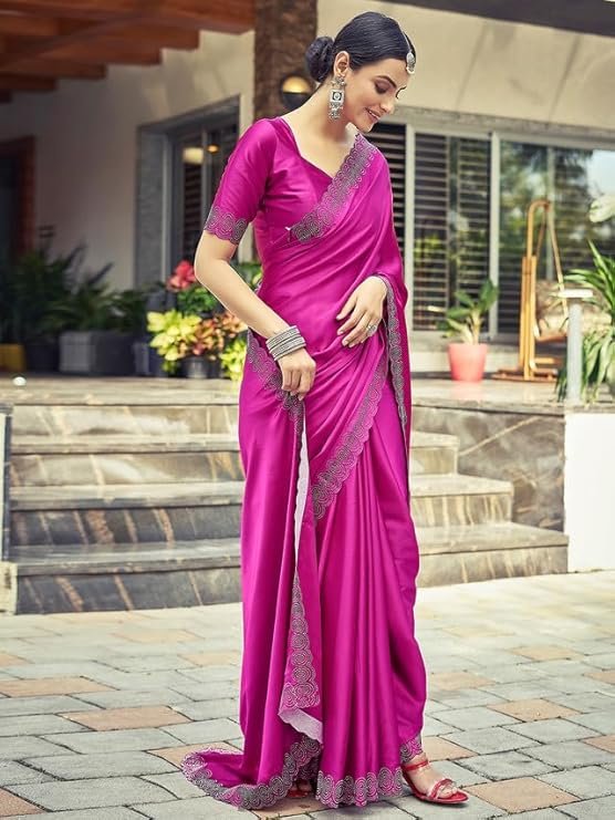 Satrani Women's Satin Silk Hot Fixing Saree with Unstitched Blouse Piece pink - Image 4
