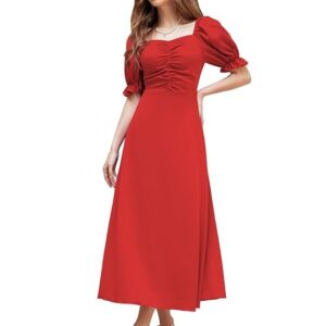 Shasmi Girl's & Women's Solid A-Line Ruched Puff Sleeve Maxi Long Evening One Piece Long Dress for Women Stylish (Dress 131) Red