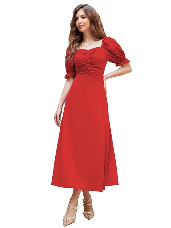 Shasmi Girl's & Women's Solid A-Line Ruched Puff Sleeve Maxi Long Evening One Piece Long Dress for Women Stylish (Dress 131) Red