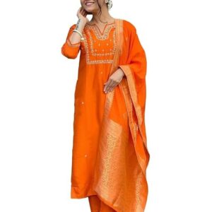 GoSriKi Women's Silk Blend Straight Embroidered Kurta with Pant & Dupatta Orange