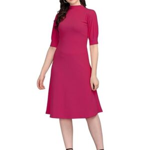 PURVAJA Women's Solid Half Sleeve Knee-Length Dress Pink