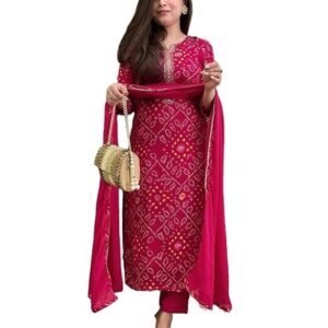 GoSriKi Women's Rayon Viscose Straight Bandhej Printed Kurta with Pant & Dupatta Pink