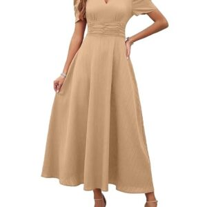 Shasmi Girl's & Women's Solid Color V-Neck A-Line Maxi Dress for Women | New Year Party Outfit | Waist Cinched Puff Sleeve Western Dress | Elegant Casual Wear (Dress 246) Skin