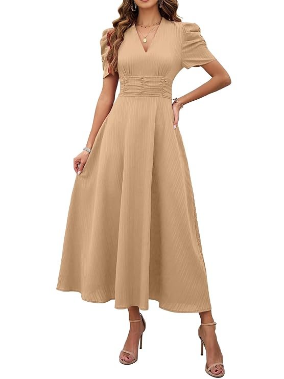 Shasmi Girl's & Women's Solid Color V-Neck A-Line Maxi Dress for Women | New Year Party Outfit | Waist Cinched Puff Sleeve Western Dress | Elegant Casual Wear (Dress 246) Skin