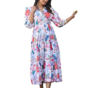 Leriya Fashion Women?s Floral High-Low Maxi Dress | V-Neck A-Line Fit | 3/4 Sleeve Summer Outfit for Vacation, Brunch, Festive & Beach Wear White