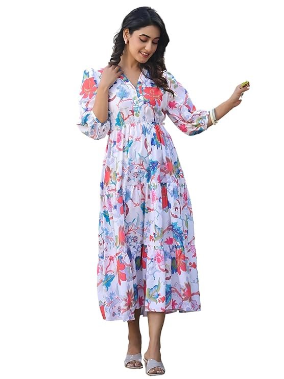 Leriya Fashion Women?s Floral High-Low Maxi Dress | V-Neck A-Line Fit | 3/4 Sleeve Summer Outfit for Vacation, Brunch, Festive & Beach Wear White