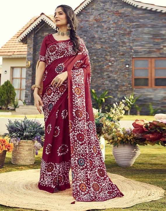 SIRIL Women's Cotton Printed Ready To Wear Saree With Unstitched Blouse Piece Maroon - Image 2