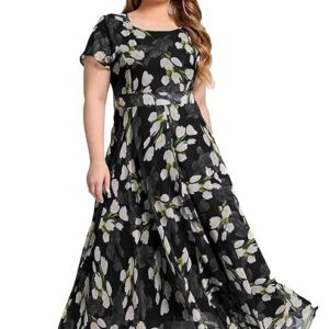 Shasmi Women's Navy Blue Georgette Digital Floral Printed Floral Printing Short Sleeve A-Line Maxi Gown Dress for Women (Gown Dress 248) Black
