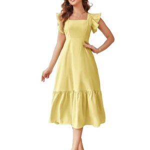 Shasmi Girl's & Women's Solid Color Square Neck, Ruffle-Trimmed Hem Sleeveless, Ruffle Armhole and Casual Dress with Cinched Waist Vacation Outfits Woman (Dress 162) Yellow