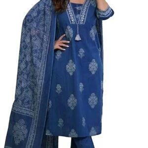 PARTHVI|Women's Pure Cotton Printed with Handwork Kurta with Pants and Dupatta Set | Ethnic Set | Suit Set | Kurta Set | Wedding Suit Set Navy Blue