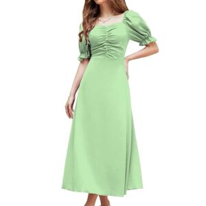 Shasmi Girl's & Women's Solid A-Line Ruched Puff Sleeve Maxi Long Evening One Piece Long Dress for Women Stylish (Dress 131) Pista