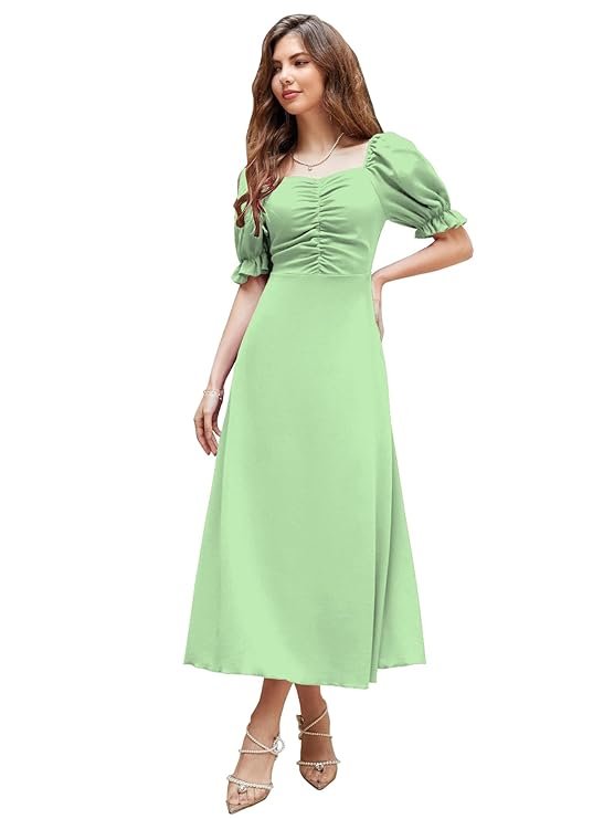 Shasmi Girl's & Women's Solid A-Line Ruched Puff Sleeve Maxi Long Evening One Piece Long Dress for Women Stylish (Dress 131) Pista