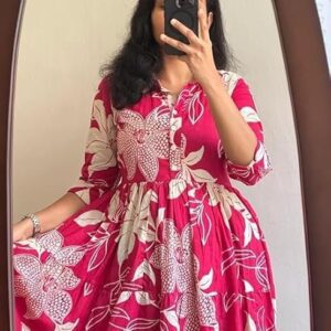 ROYALICA Women's Pure Cotton Maxi Midi Dress Western Dress for Women Elegant Floral Printed Long Dresses | Soft & Breathable Fabric | Casual Trending Dress for Women Pink