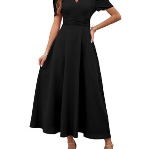 Shasmi Girl's & Women's Solid Color V-Neck A-Line Maxi Dress for Women | New Year Party Outfit | Waist Cinched Puff Sleeve Western Dress | Elegant Casual Wear (Dress 246) Black