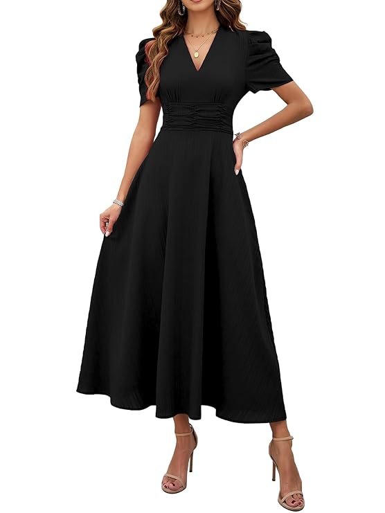 Shasmi Girl's & Women's Solid Color V-Neck A-Line Maxi Dress for Women | New Year Party Outfit | Waist Cinched Puff Sleeve Western Dress | Elegant Casual Wear (Dress 246) Black