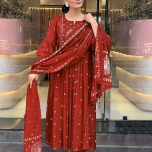 KLOSIA Women Rayon Printed Anarkali Kurta Set with Dupatta Maroon