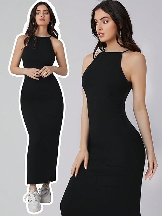 Aahwan Solid Halter Neck Solid Bodycon Midi Dress for Women's & Girl's Black - Image 3