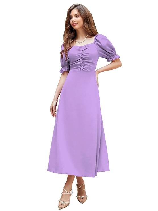 Shasmi Girl's & Women's Solid A-Line Ruched Puff Sleeve Maxi Long Evening One Piece Long Dress for Women Stylish (Dress 131) Light Purple