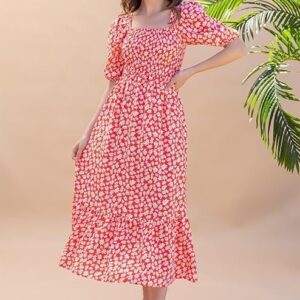 Sheetal Associates Women's Casual Flower Print Puff Sleeves Maxi Dress - Red