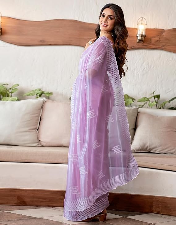 SIRIL Women's Embroidery Work Organza Saree with Unstitched Blouse Piece Light Purple - Image 2