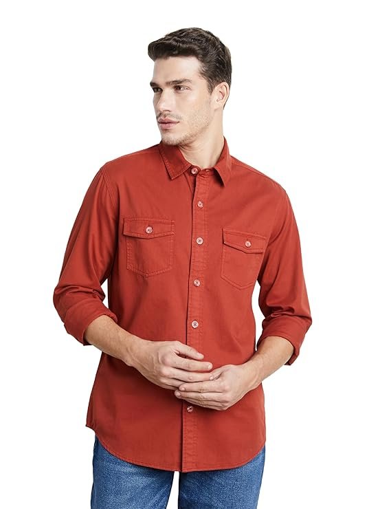 Symbol Premium Men's Casual Washed Cotton Twill Shirt (Regular Fit) Rust