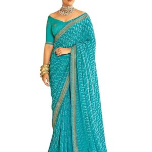SIRIL Women's Bandhani Printed Embroidery Lace Georgette Saree with Unstitched Blouse Piece Sky Blue