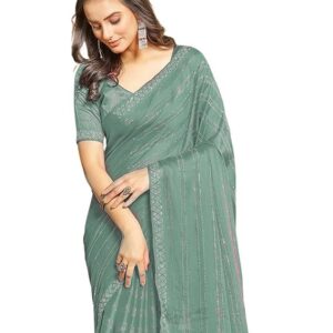 SIRIL Women's Chiffon Hot Fixing Stone Work Saree With Unstitched Blouse Piece Pastel Green