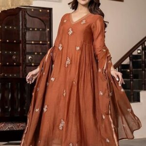 KLOSIA Women Embroidery Solid Anarkali Kurta and Pant Set with Dupatta Orange
