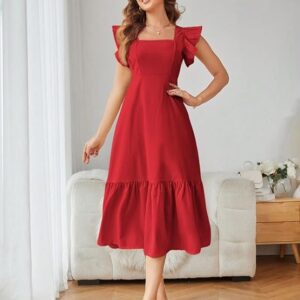 Shasmi Girl's & Women's Solid Color Square Neck, Ruffle-Trimmed Hem Sleeveless, Ruffle Armhole and Casual Dress with Cinched Waist Vacation Outfits Woman (Dress 162) Red