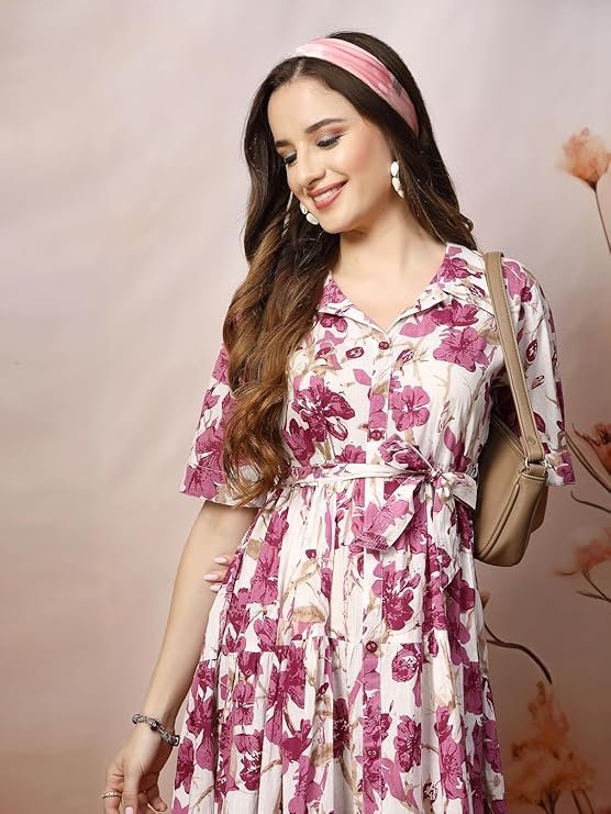 Stylum Women's Floral Printed Cotton Flared Dress Magenta - Image 3