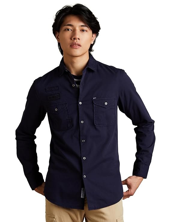 INKAST Men's Solid Double Pocket Cotton Shirt | Casual | Plain | Full Sleeve-Slim Fit Navy