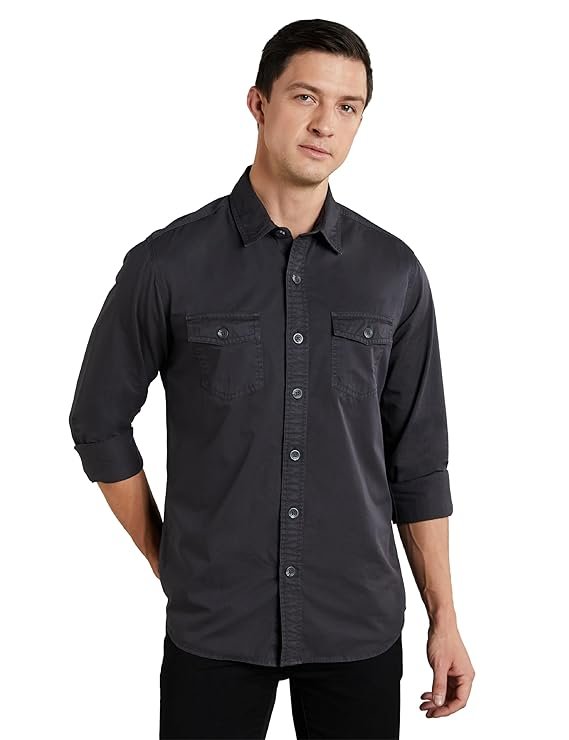 Symbol Premium Men's Casual Washed Cotton Twill Shirt (Regular Fit) Dark Grey