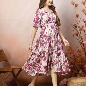 Stylum Women's Floral Printed Cotton Flared Dress Magenta
