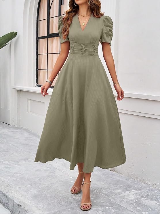 Shasmi Girl's & Women's Solid Color V-Neck A-Line Maxi Dress for Women | New Year Party Outfit | Waist Cinched Puff Sleeve Western Dress | Elegant Casual Wear (Dress 246) Pista - Image 3