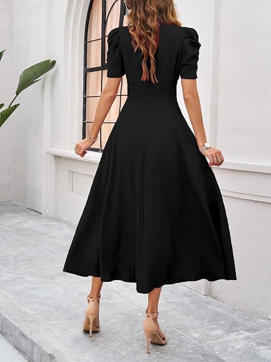Shasmi Girl's & Women's Solid Color V-Neck A-Line Maxi Dress for Women | New Year Party Outfit | Waist Cinched Puff Sleeve Western Dress | Elegant Casual Wear (Dress 246) Black - Image 2