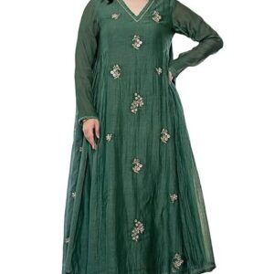 KLOSIA Women Embroidery Solid Anarkali Kurta and Pant Set with Dupatta Green