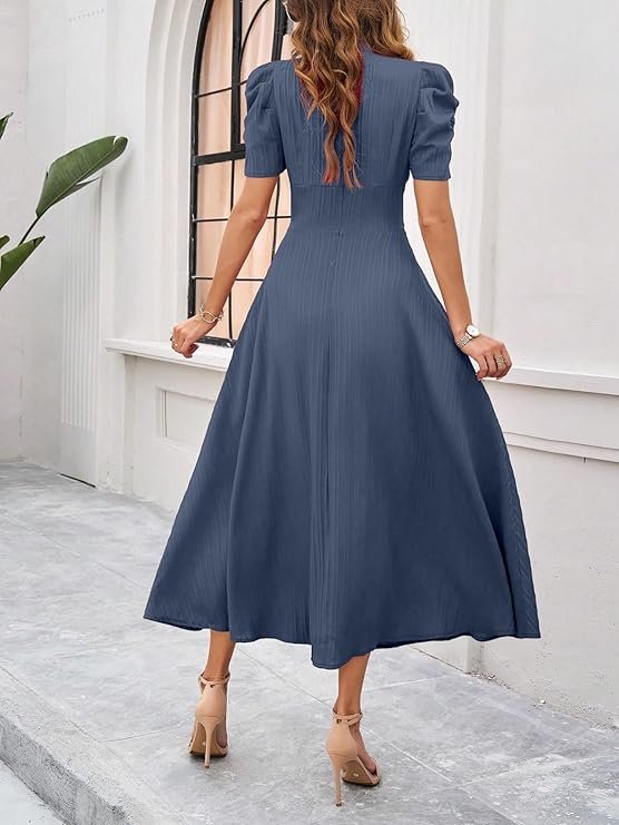 Shasmi Girl's & Women's Solid Color V-Neck A-Line Maxi Dress for Women | New Year Party Outfit | Waist Cinched Puff Sleeve Western Dress | Elegant Casual Wear (Dress 246) Indigo Blue - Image 2