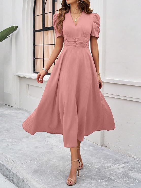 Shasmi Girl's & Women's Solid Color V-Neck A-Line Maxi Dress for Women | New Year Party Outfit | Waist Cinched Puff Sleeve Western Dress | Elegant Casual Wear (Dress 246) Peach - Image 3