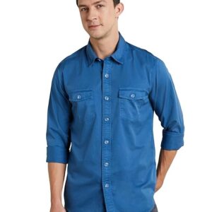 Symbol Premium Men's Casual Washed Cotton Twill Shirt (Regular Fit) Blue