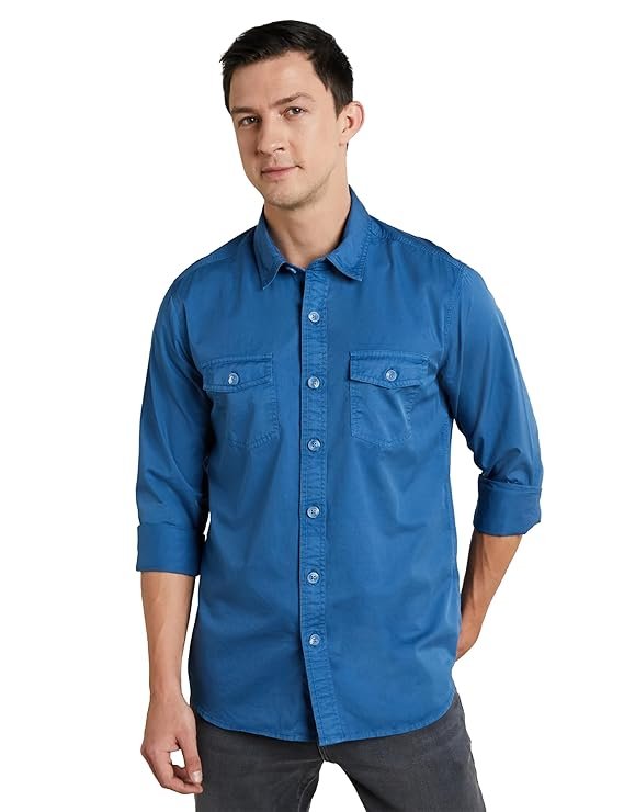 Symbol Premium Men's Casual Washed Cotton Twill Shirt (Regular Fit) Blue