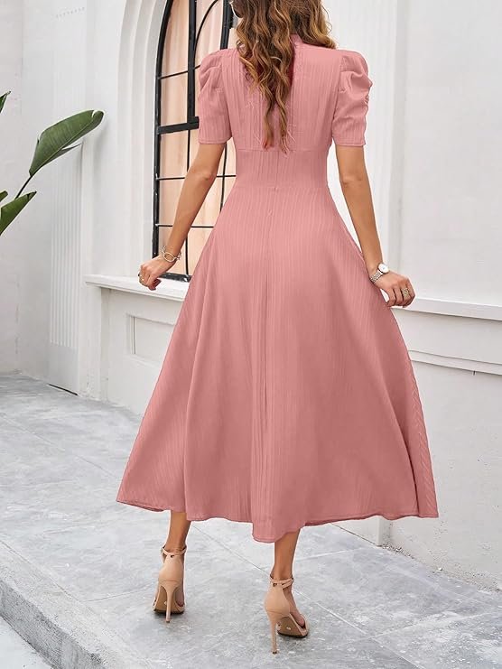 Shasmi Girl's & Women's Solid Color V-Neck A-Line Maxi Dress for Women | New Year Party Outfit | Waist Cinched Puff Sleeve Western Dress | Elegant Casual Wear (Dress 246) Peach - Image 2