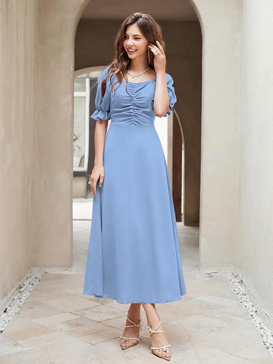 Shasmi Girl's & Women's Solid A-Line Ruched Puff Sleeve Maxi Long Evening One Piece Long Dress for Women Stylish (Dress 131) Light Blue - Image 3