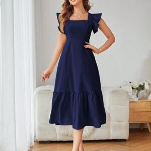 Shasmi Girl's & Women's Solid Color Square Neck, Ruffle-Trimmed Hem Sleeveless, Ruffle Armhole and Casual Dress with Cinched Waist Vacation Outfits Woman (Dress 162) Navy Blue