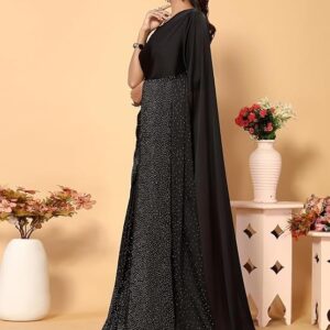 Satrani Women's Satin Silk Hot Fixing Saree with Unstitched Blouse Piece Black