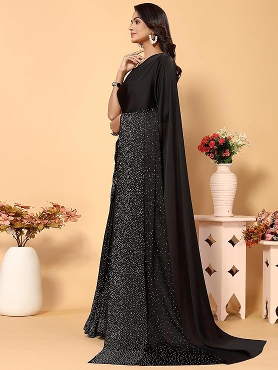 Satrani Women's Satin Silk Hot Fixing Saree with Unstitched Blouse Piece Black