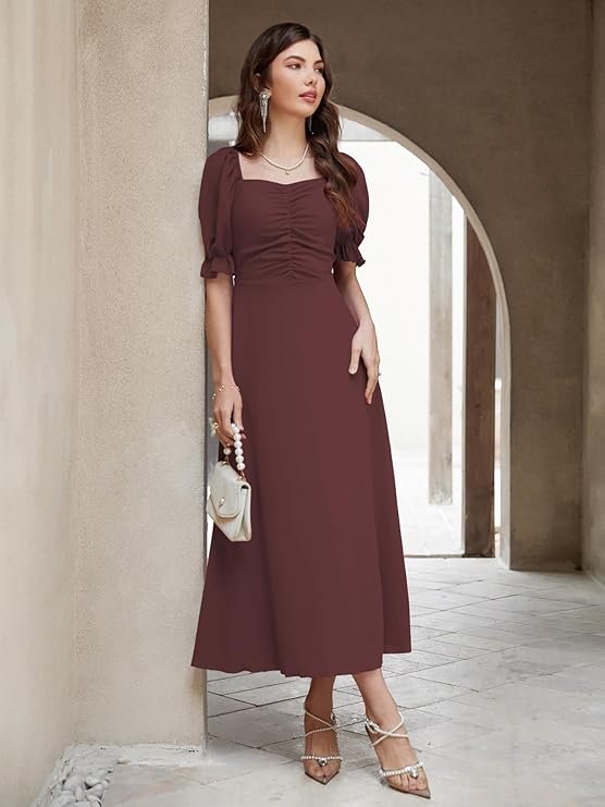Shasmi Girl's & Women's Solid A-Line Ruched Puff Sleeve Maxi Long Evening One Piece Long Dress for Women Stylish (Dress 131) Brown - Image 2