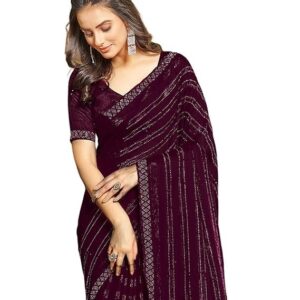 SIRIL Women's Chiffon Hot Fixing Stone Work Saree With Unstitched Blouse Wine