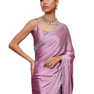 AKHILAM Women's Satin Silk Hot Fix Solid Saree With Unstitched Blouse Piece Mauve