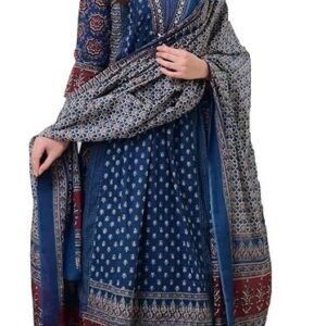 KLOSIA Women's Rayon Printed Anarkali Kurta and Pant with Dupatta Set Teal Blue